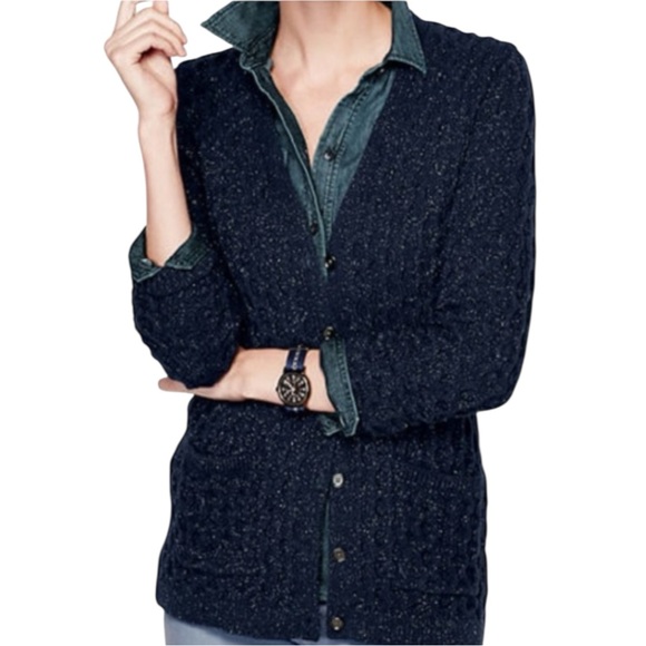 LANDS’ END Button-Up Cable Knit Cardigan in Navy Blue w/ Silver Specks Size MP - Picture 1 of 10